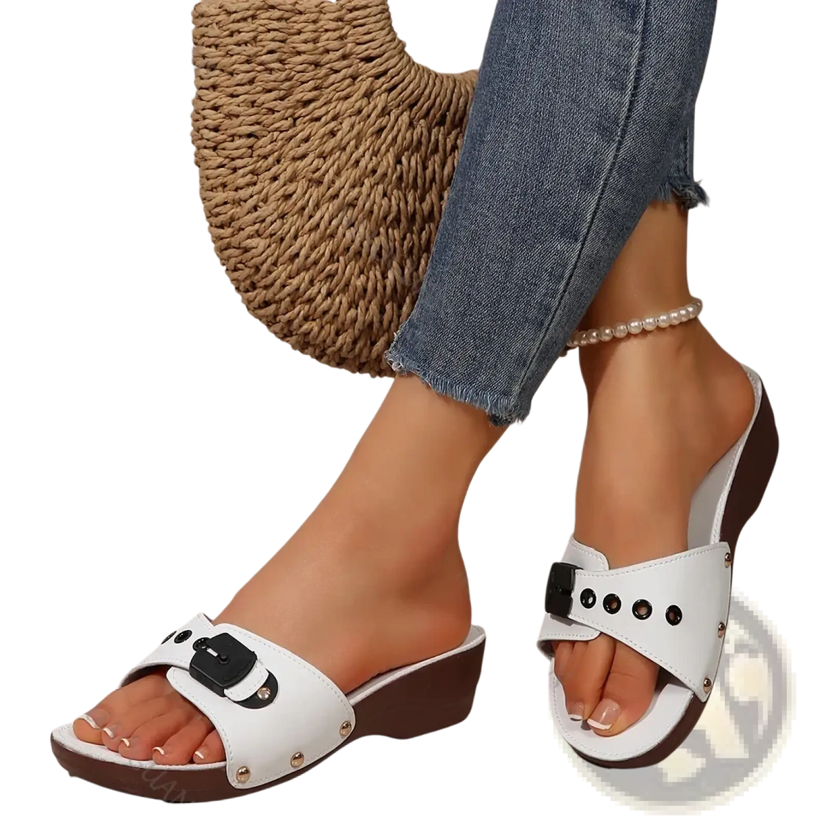 Wedge sandals women summer casual platform shoes in white and brown with black buckle accents