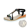 Wedge sandals for women with black and multicolored braided fabric straps and decorative beads on woven espadrille flats