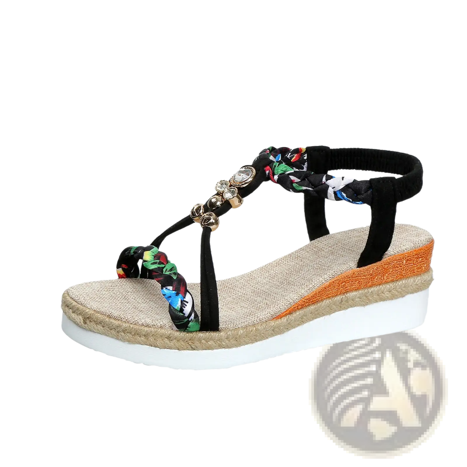 Wedge sandals for women with black and multicolored braided fabric straps and decorative beads on woven espadrille flats