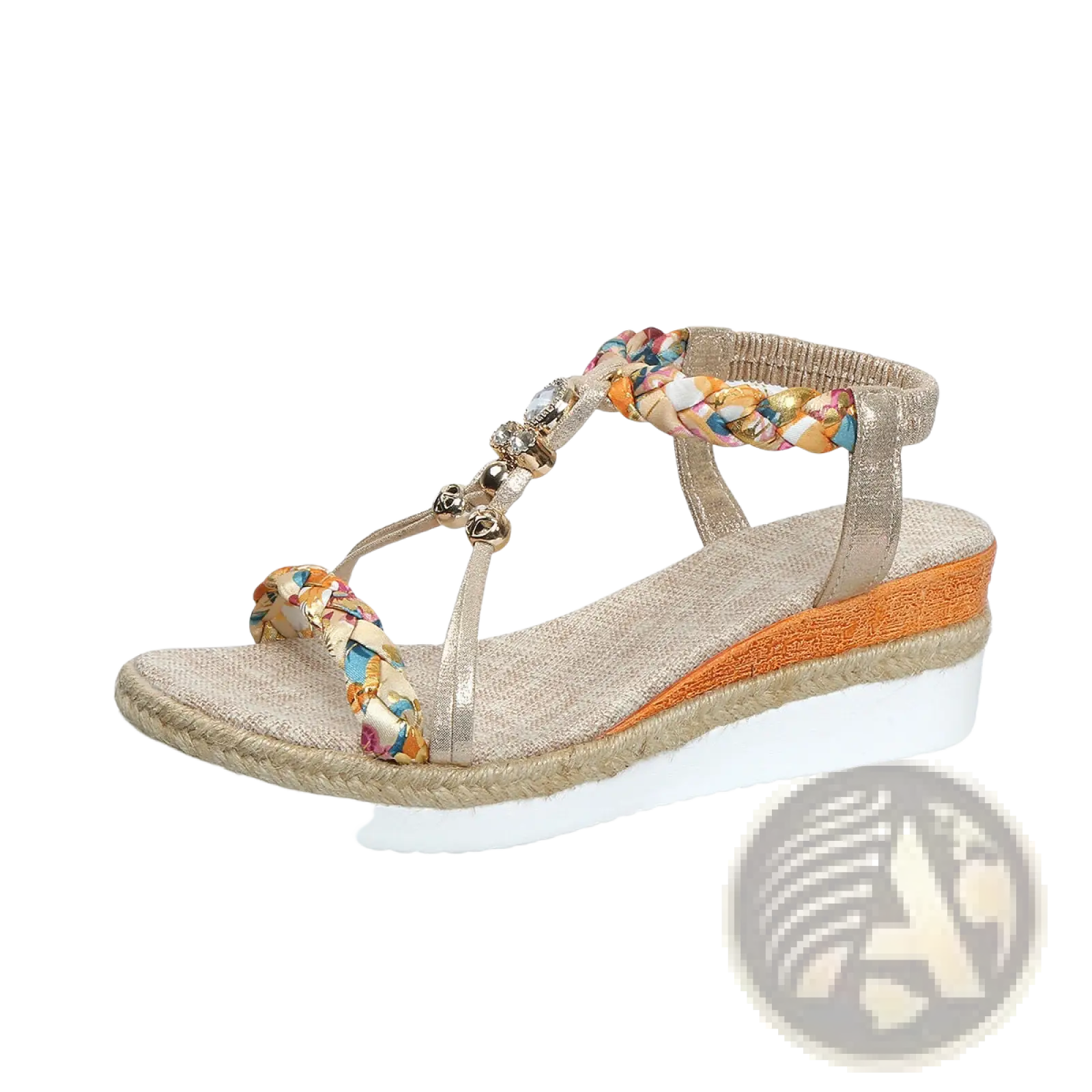 A stylish women’s wedge sandal with a braided multicolored rhinestone strap on an espadrille platform sole