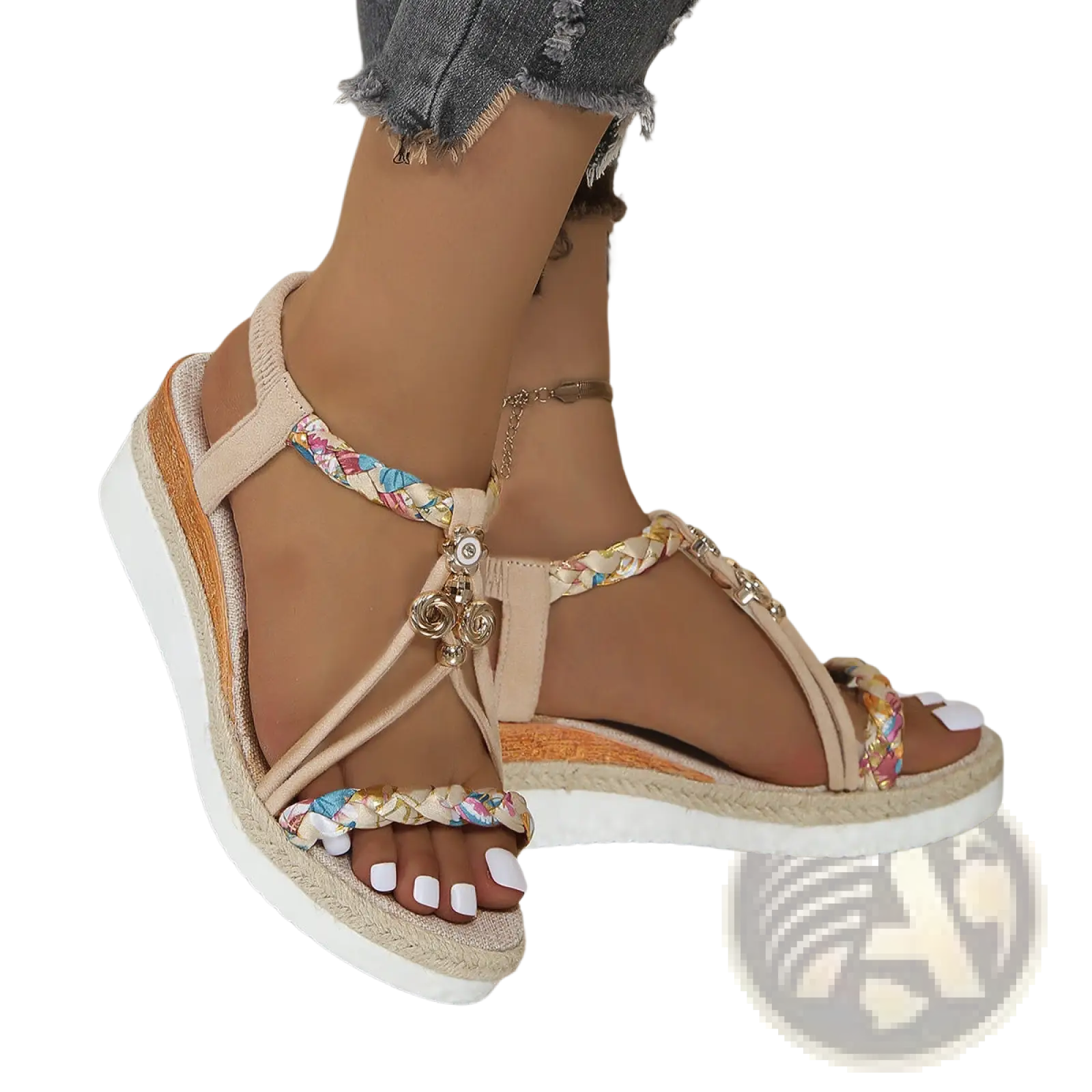 Beige wedge sandals for women with woven espadrille flats featuring colorful braided straps and metallic charms