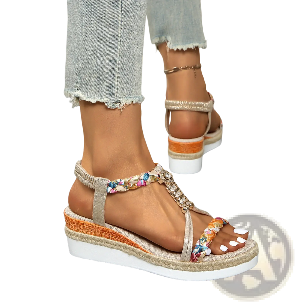 Beige and orange wedge sandals for women woven espadrille flats with braided straps and colorful floral rhinestone accents