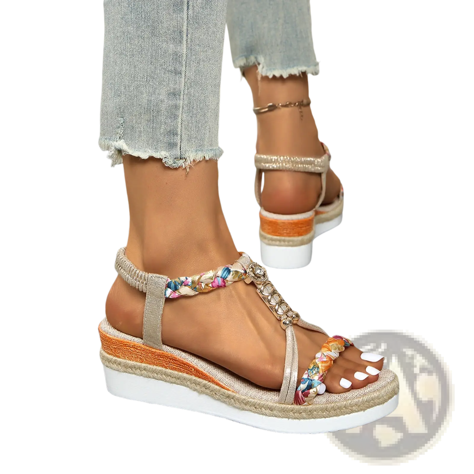 Beige and orange wedge sandals for women woven espadrille flats with braided straps and colorful floral rhinestone accents