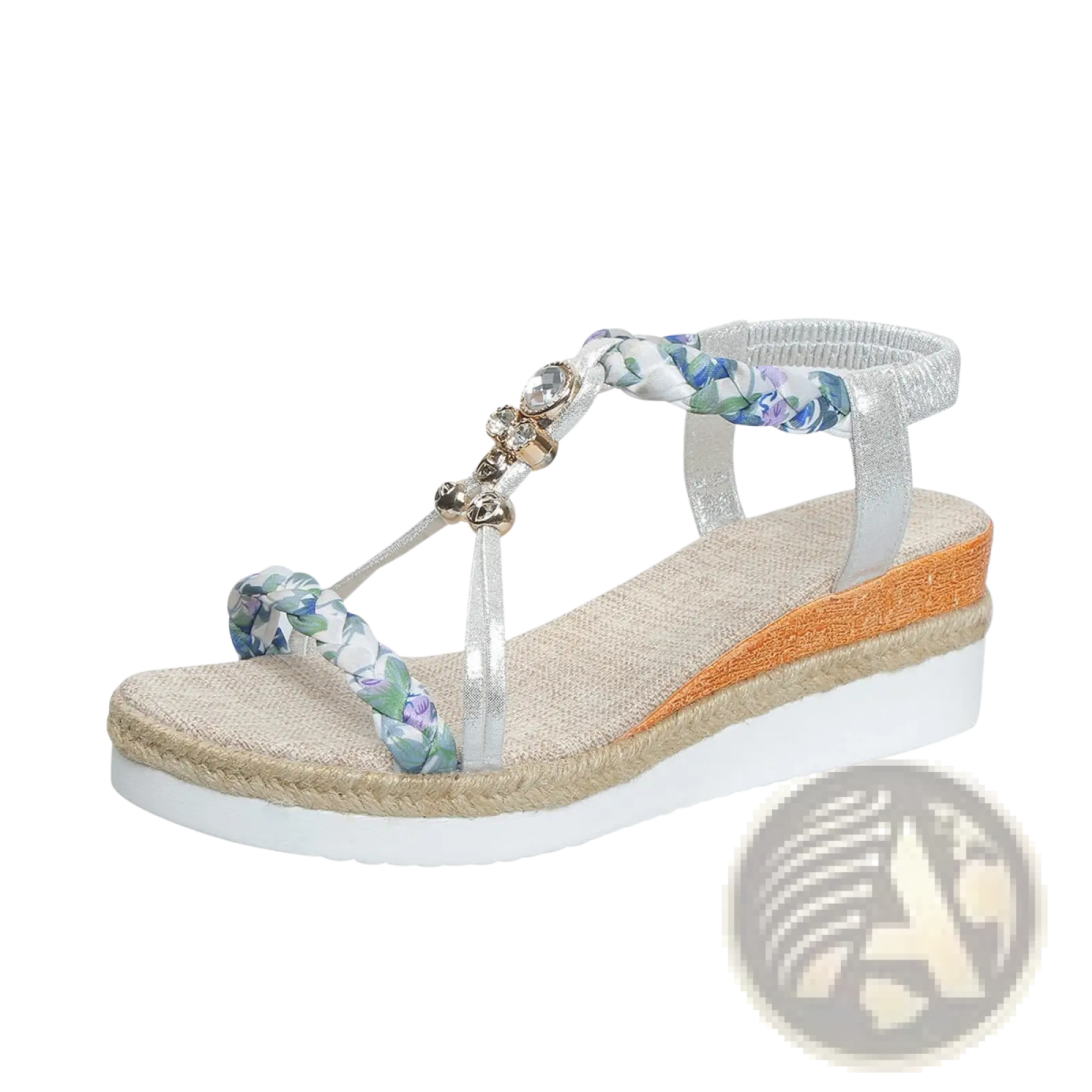 Silver floral braided strap wedge sandals for women with woven espadrille sole and decorative crystal accents