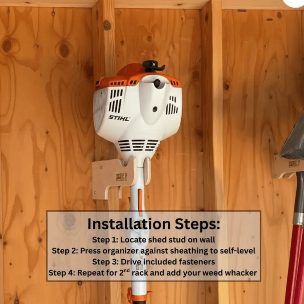 White and orange Stihl weed wacker mounted on a wooden stud mounted wall rack for string trimmers and tools