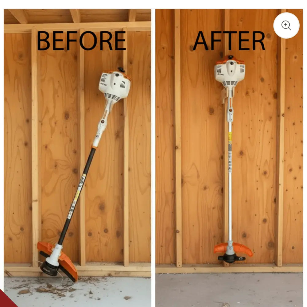 Stud mounted wall rack holding a stihl string trimmer with white and orange accents and a sleek metallic shaft and ergonomic handle