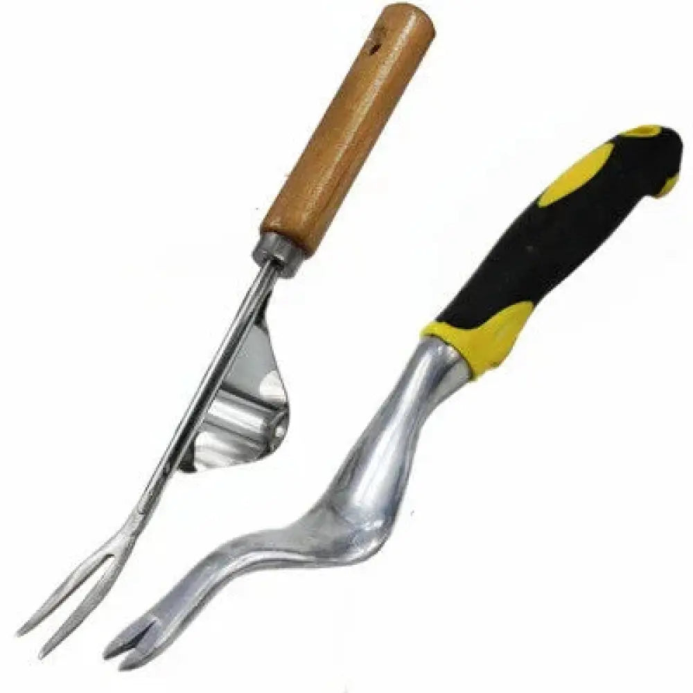 A stainless steel garden weeding tool set with ergonomic black and yellow grip and wooden handle fork for precise weeding
