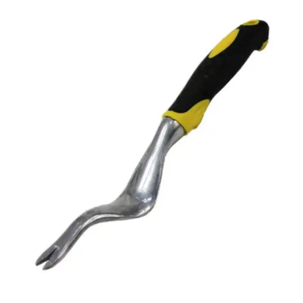 Black and yellow ergonomic stainless steel garden weeding tool with curved pronged head for efficient weeding