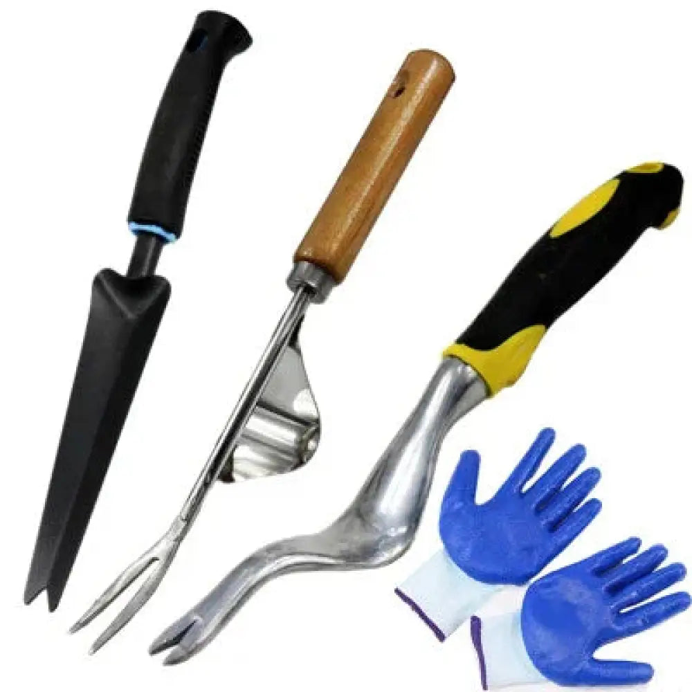 Ergonomic stainless steel garden weeding tool set with black wooden yellow handles and blue gardening gloves