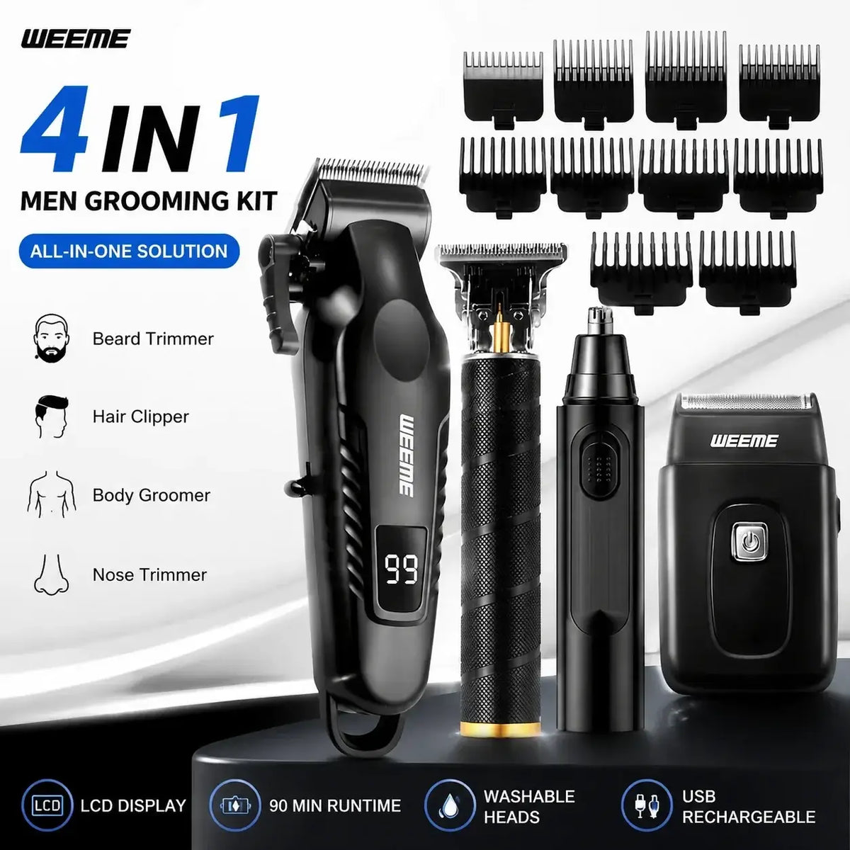 Black weeme 4 in 1 men’s grooming kit usb rechargeable stainless steel with beard trimmer hair clipper and attachments