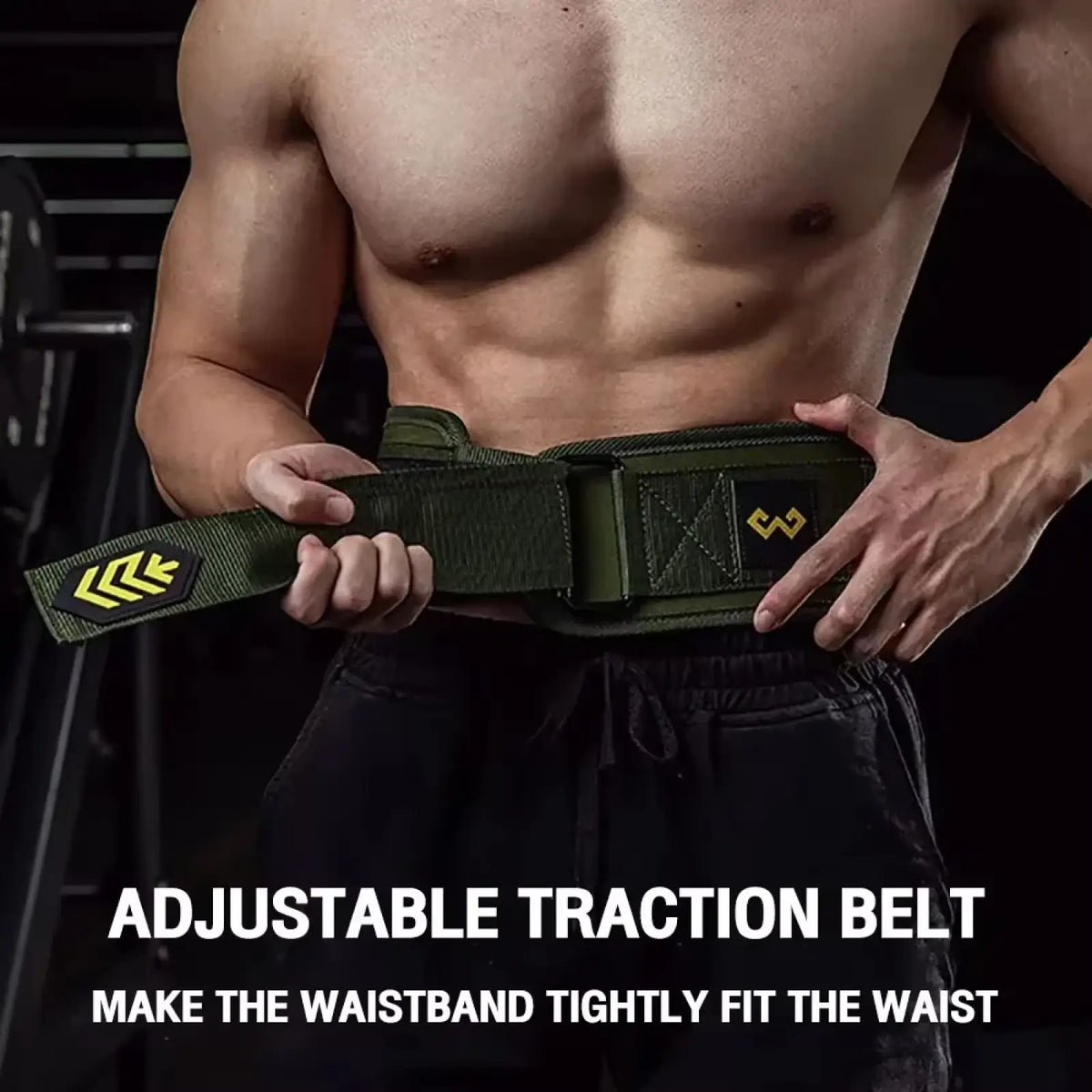 Olive green adjustable weight lifting belt with yellow logo accents and reinforced stitching for back support