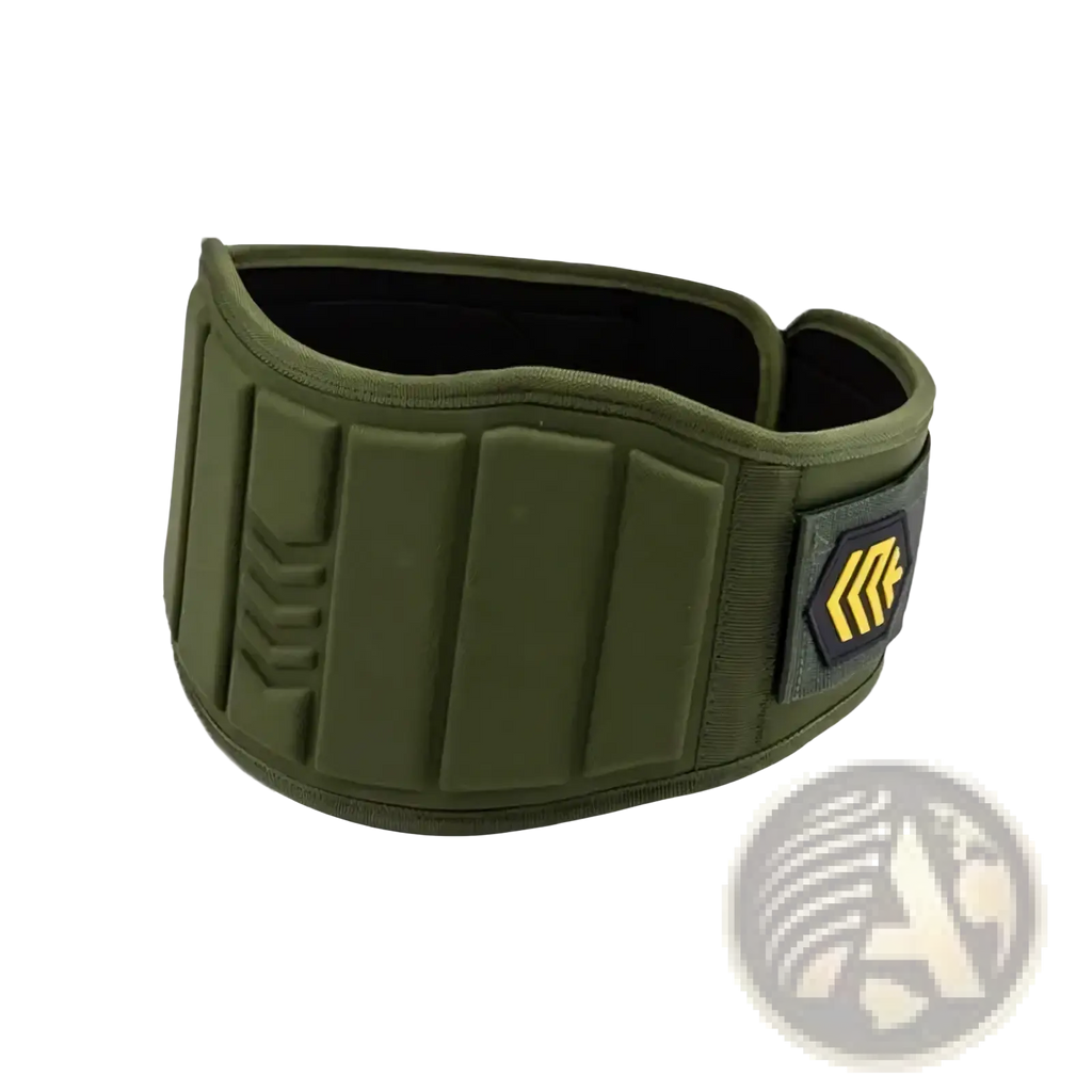 Olive green weight lifting belt with black interior and yellow logo patch designed for back support during lifting