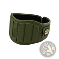 Olive green weight lifting belt with black interior and yellow logo patch designed for back support during lifting