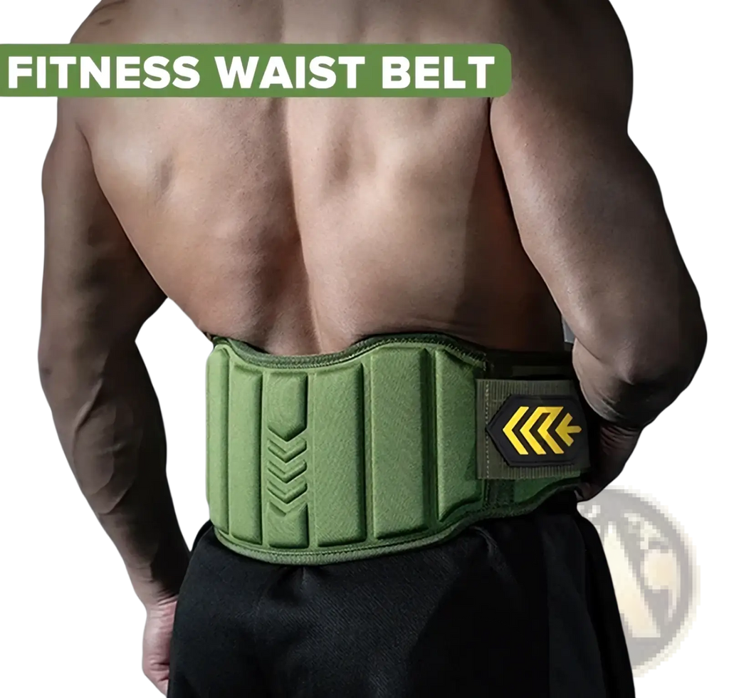 Weight lifting belt olive green with padded ribbed design and black strap featuring yellow arrow logo for back support