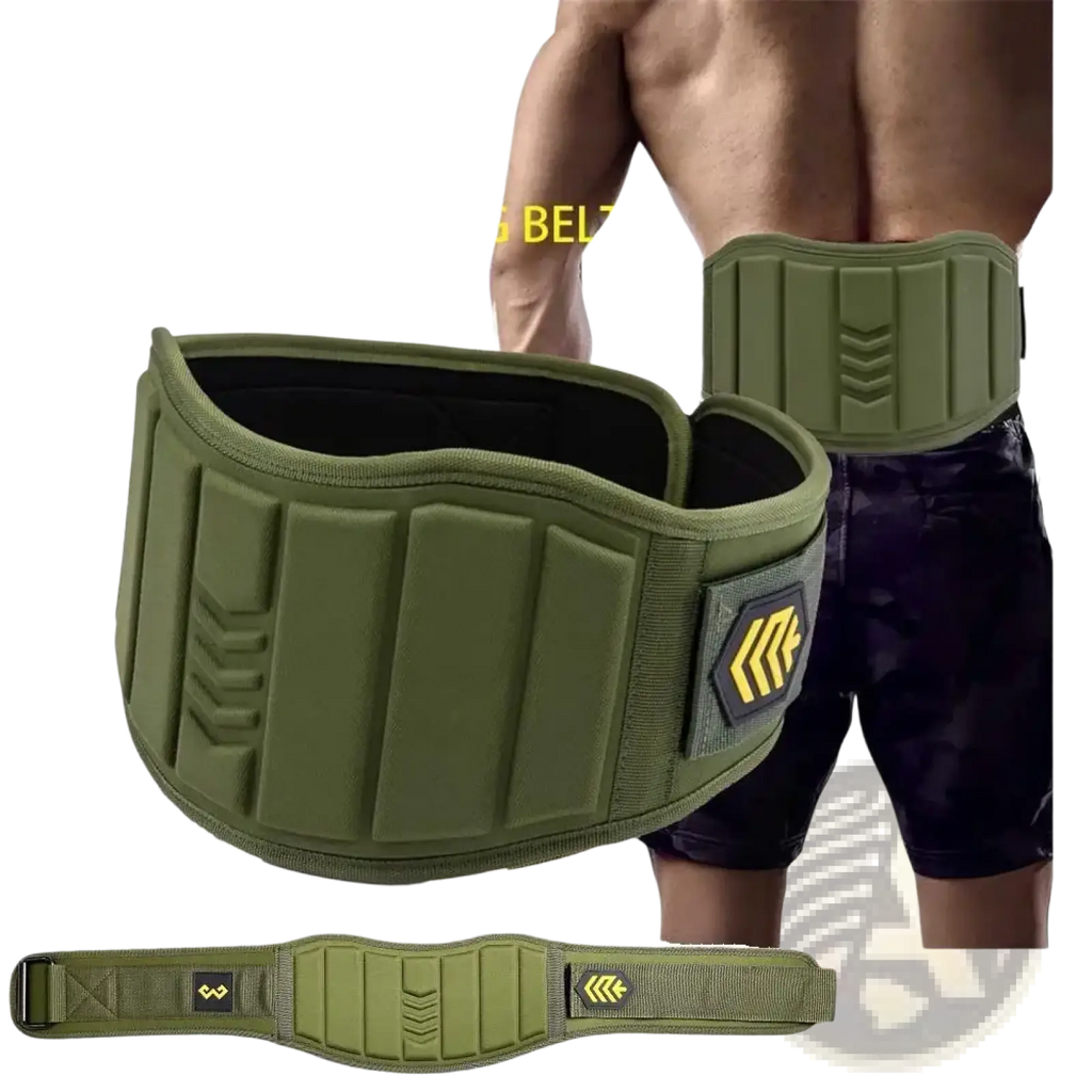Weight lifting belt olive green with padded ribbed design and yellow hufuch logo patch for back support