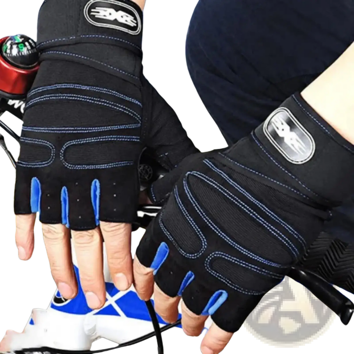 Black and blue fingerless weight lifting gloves with breathable fabric reinforced stitching and wristband logo shown from back