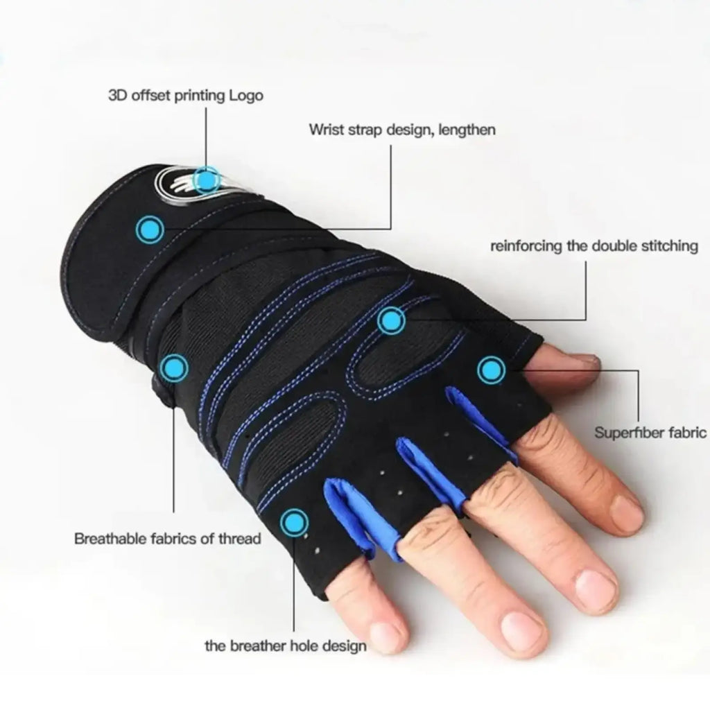 Black and blue fingerless weight lifting gloves with breathable superfiber fabric and reinforced stitching, back side shown