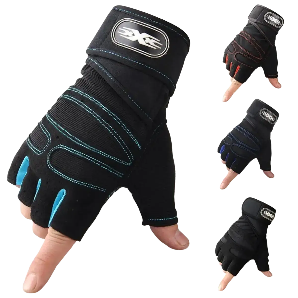 Black fingerless weight lifting gloves with breathable fabric teal stitching and blue palm accents for gym exercise support