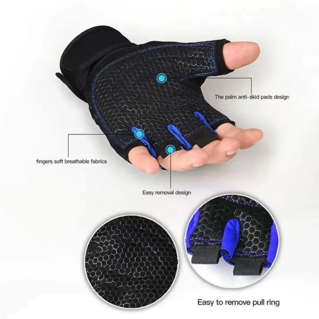 Black and blue fingerless weight lifting gloves with hexagonal mesh palm and breathable fabric for gym exercise hand support