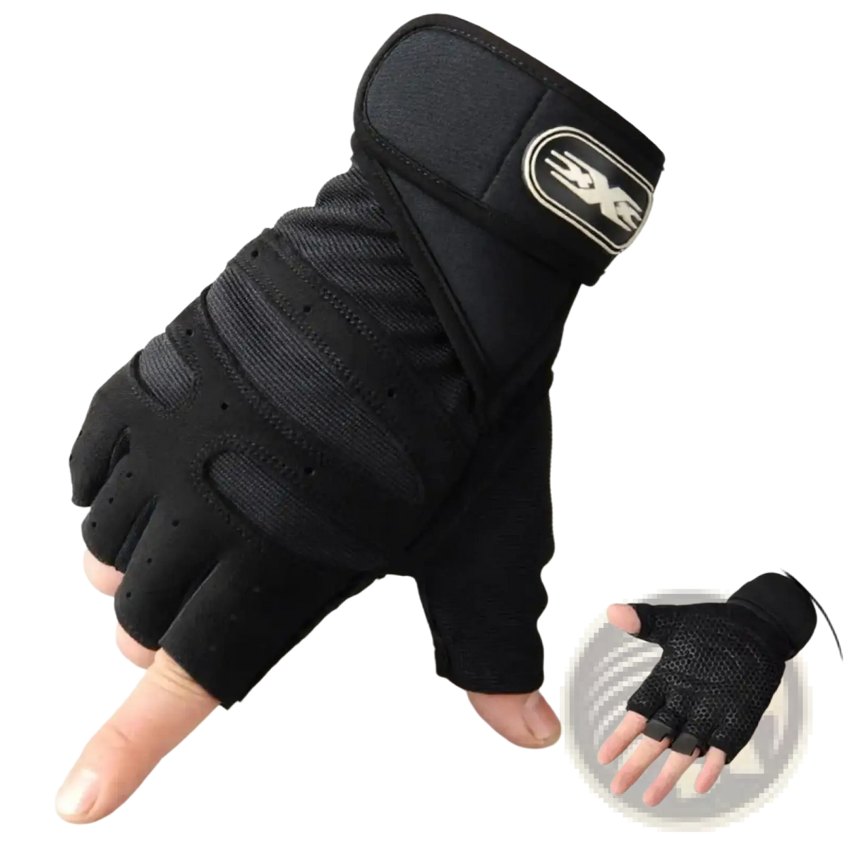 Black fingerless weight lifting glove with reinforced palm and wrist strap breathable for gym exercise hand support