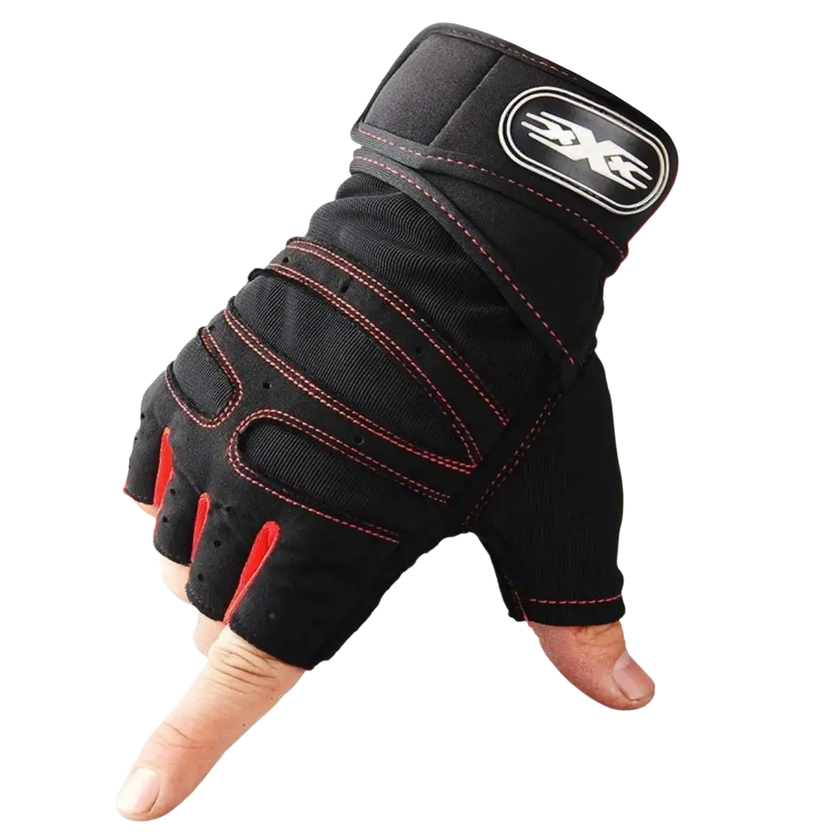 Black and red fingerless weight lifting gloves with breathable mesh and reinforced stitching shown from the back side