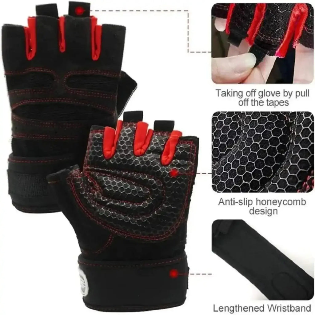 Black and red fingerless weight lifting gloves with breathable anti-slip honeycomb palm design for gym exercise hand support
