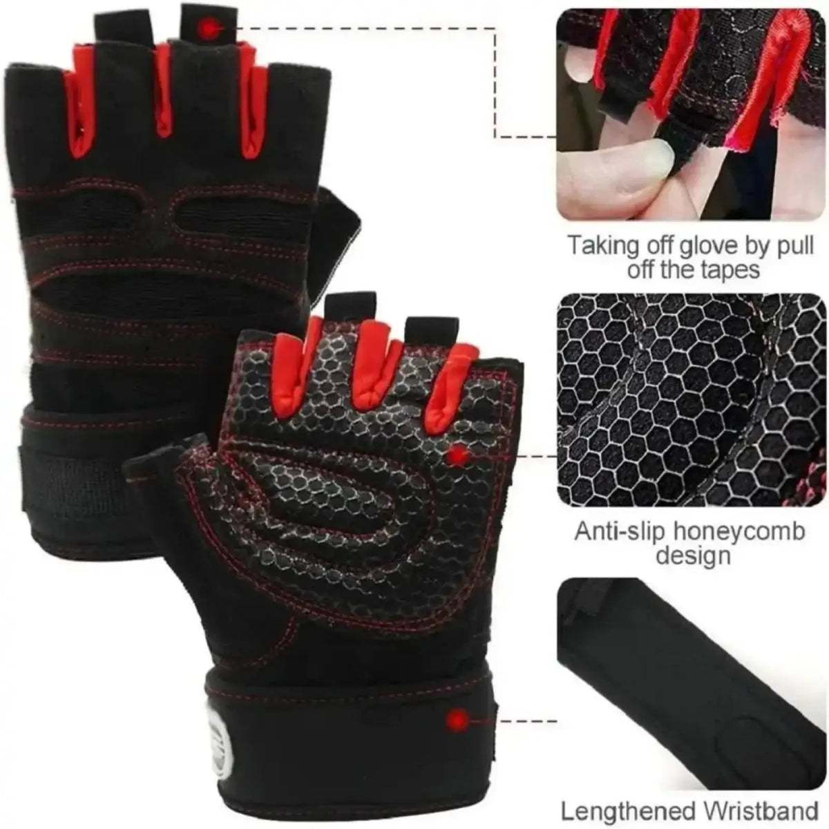 Black and red fingerless weight lifting gloves with breathable anti-slip honeycomb palm design for gym exercise hand support