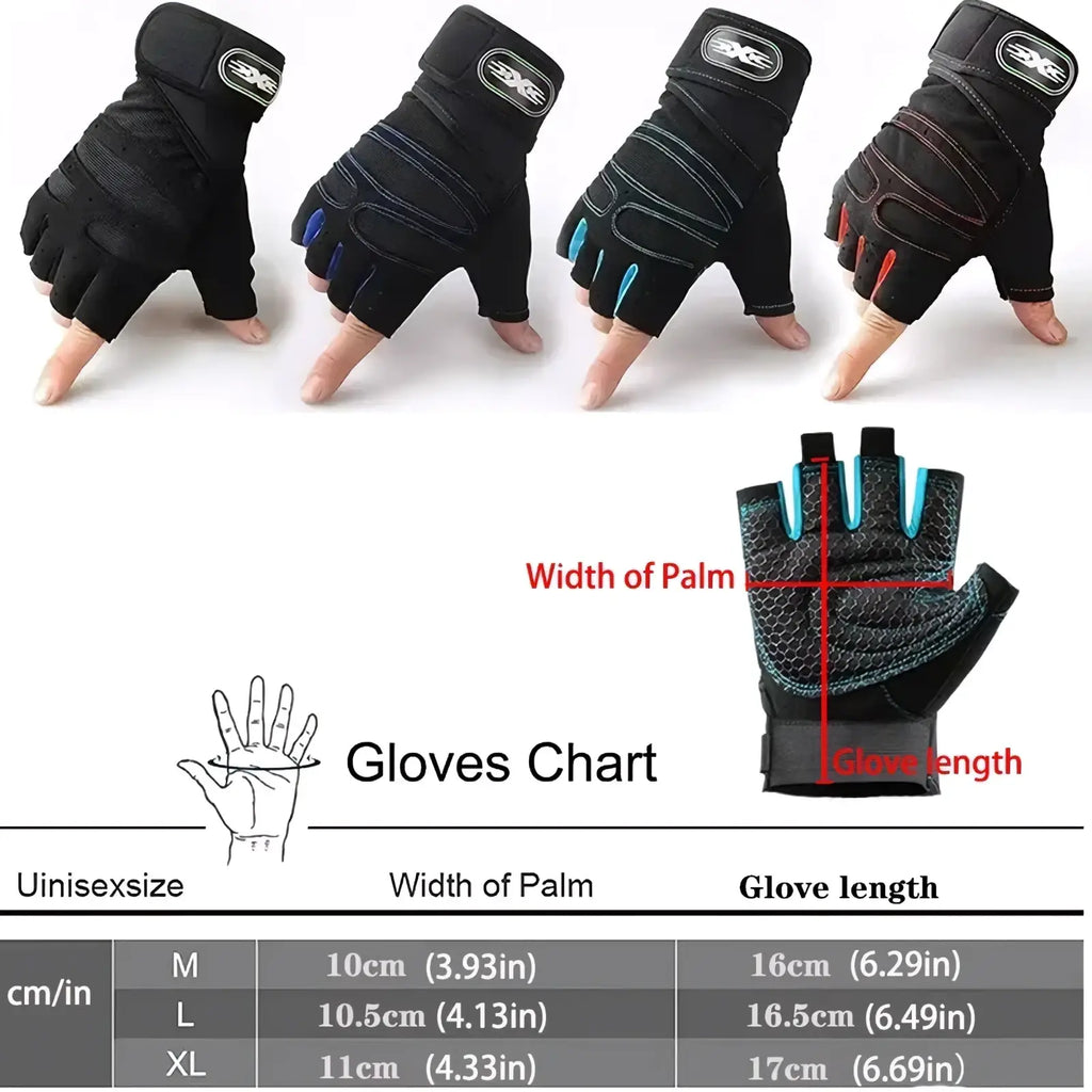 Black fingerless weight lifting gloves with breathable fabric, reinforced palm and knuckle, blue and red accent stitching
