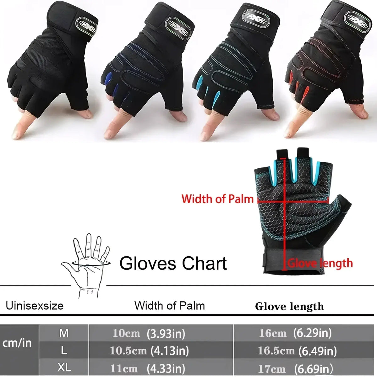 Black fingerless weight lifting gloves with breathable fabric, reinforced palm and knuckle, blue and red accent stitching