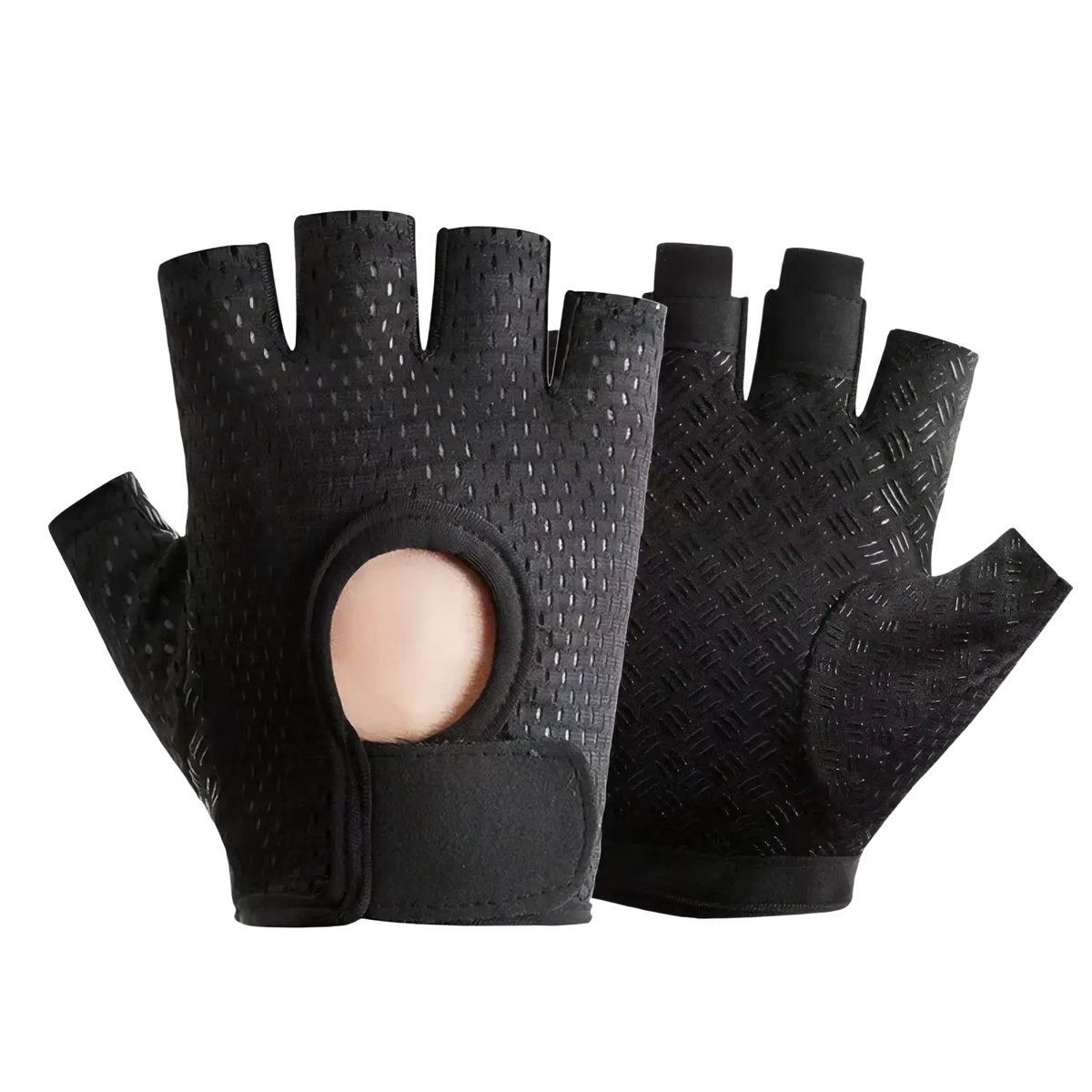 Black fingerless weight lifting gloves with breathable mesh fabric and textured grip for gym exercise fitness