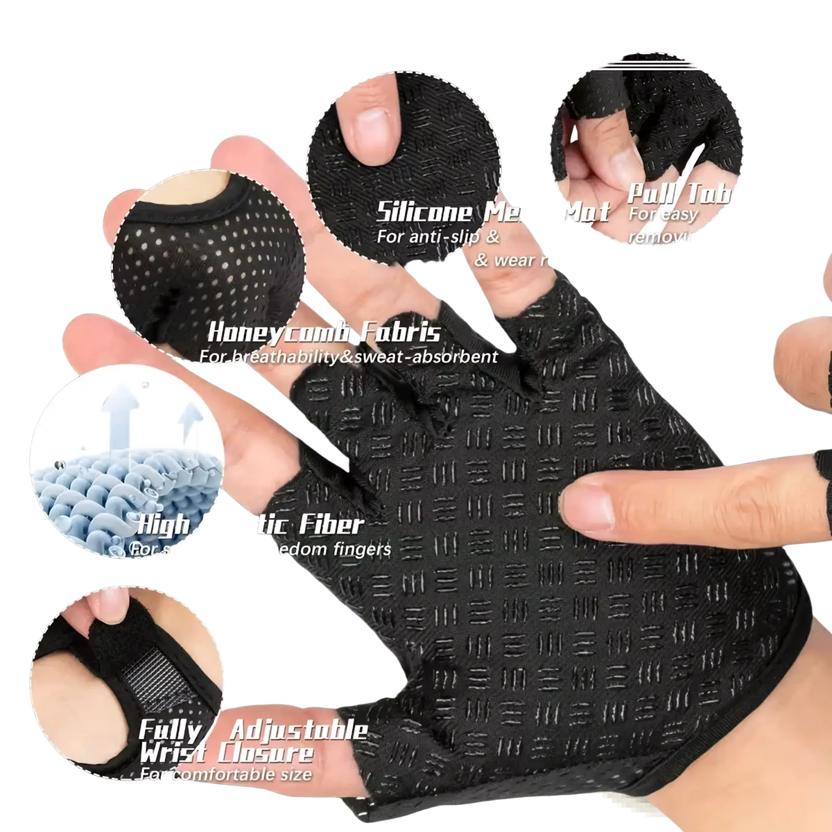Black half-finger weight lifting gloves with silicone mesh and honeycomb fabric for grip and breathability in gym fitness use