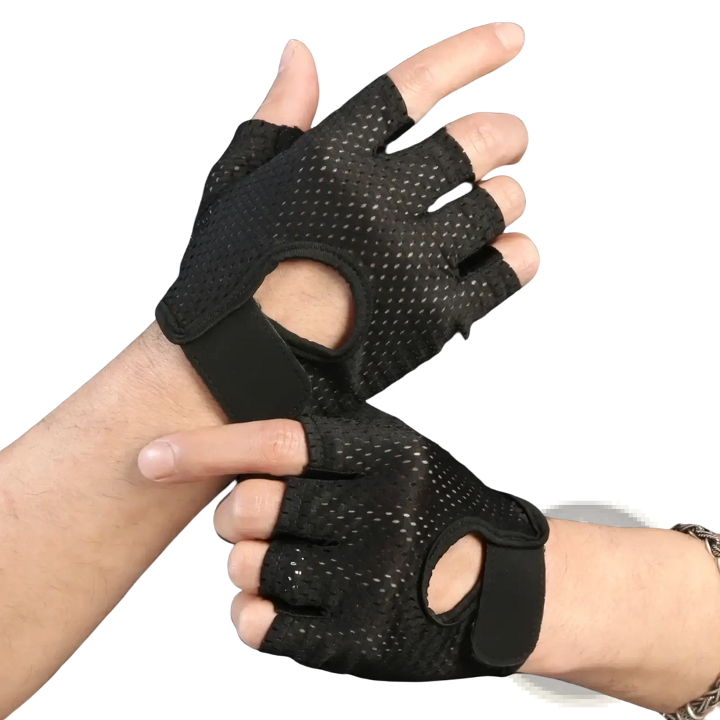 Black mesh fingerless weight lifting gloves with elastic wrist straps breathable for gym exercise fitness