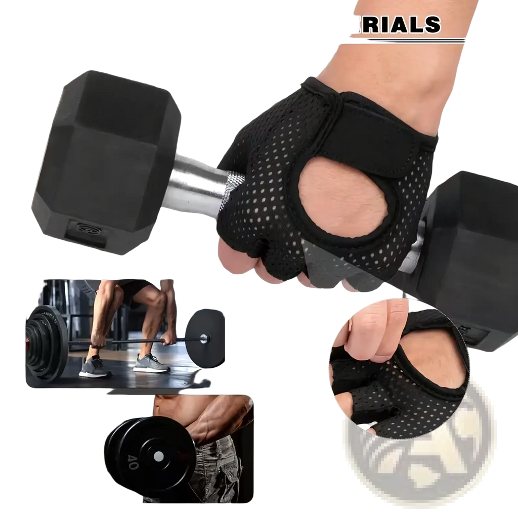 Black mesh fingerless weight lifting gloves with adjustable strap breathable for gym exercise fitness use back side view