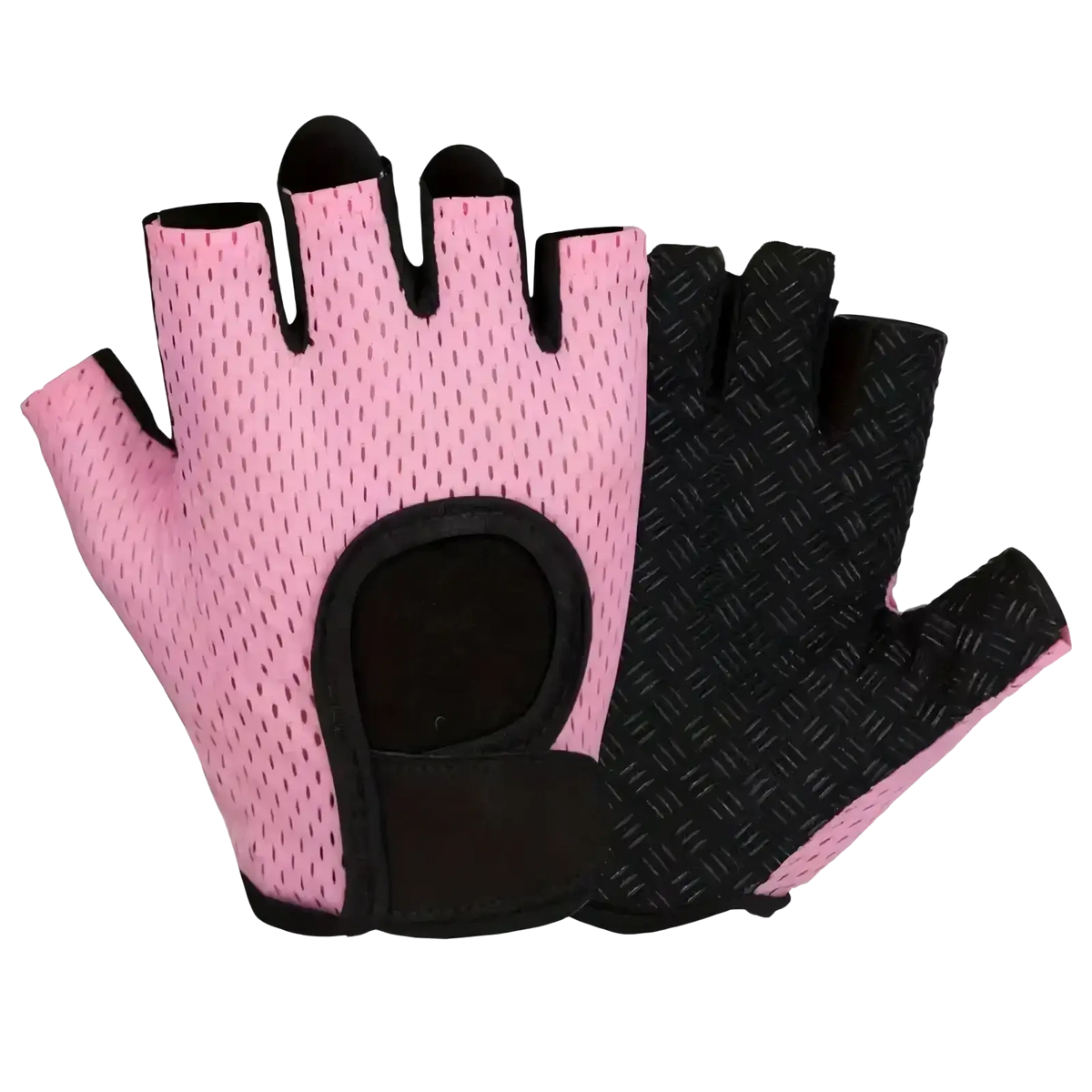 Pink and black fingerless weight lifting gloves with breathable mesh back textured grip and reinforced wrist support for gym exercise fitness