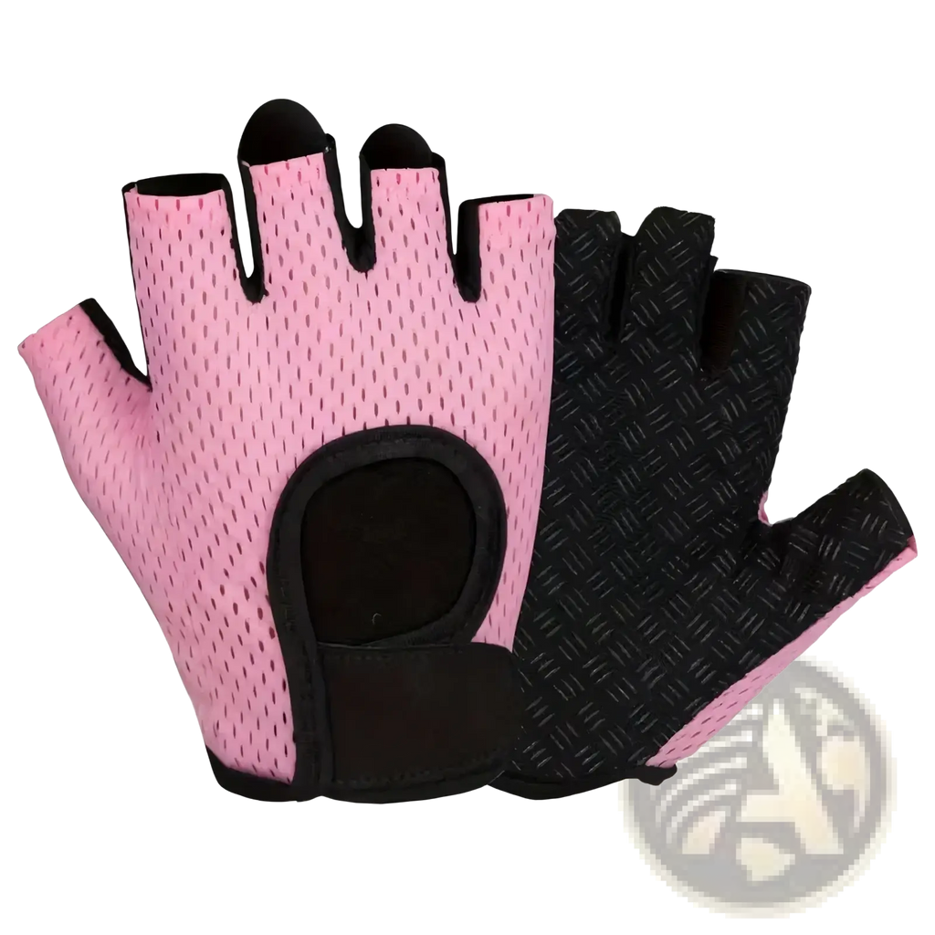 Pink and black weight lifting gloves breathable gym exercise fitness showing back with diamond grip and reinforced padding