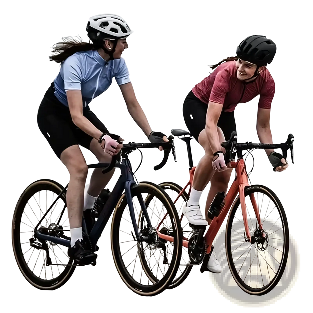 Two cyclists wearing breathable weight lifting gloves ride road bikes with navy and orange frames for fitness exercise