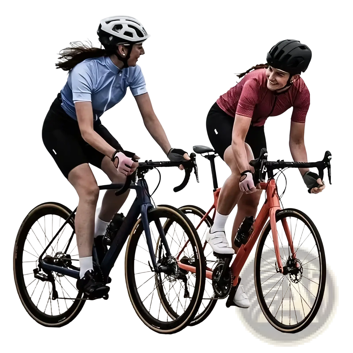 Two cyclists wearing breathable weight lifting gloves ride road bikes with navy and orange frames for fitness exercise