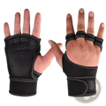 Black fingerless weight lifting gloves with breathable mesh palm and adjustable wrist strap for gym use