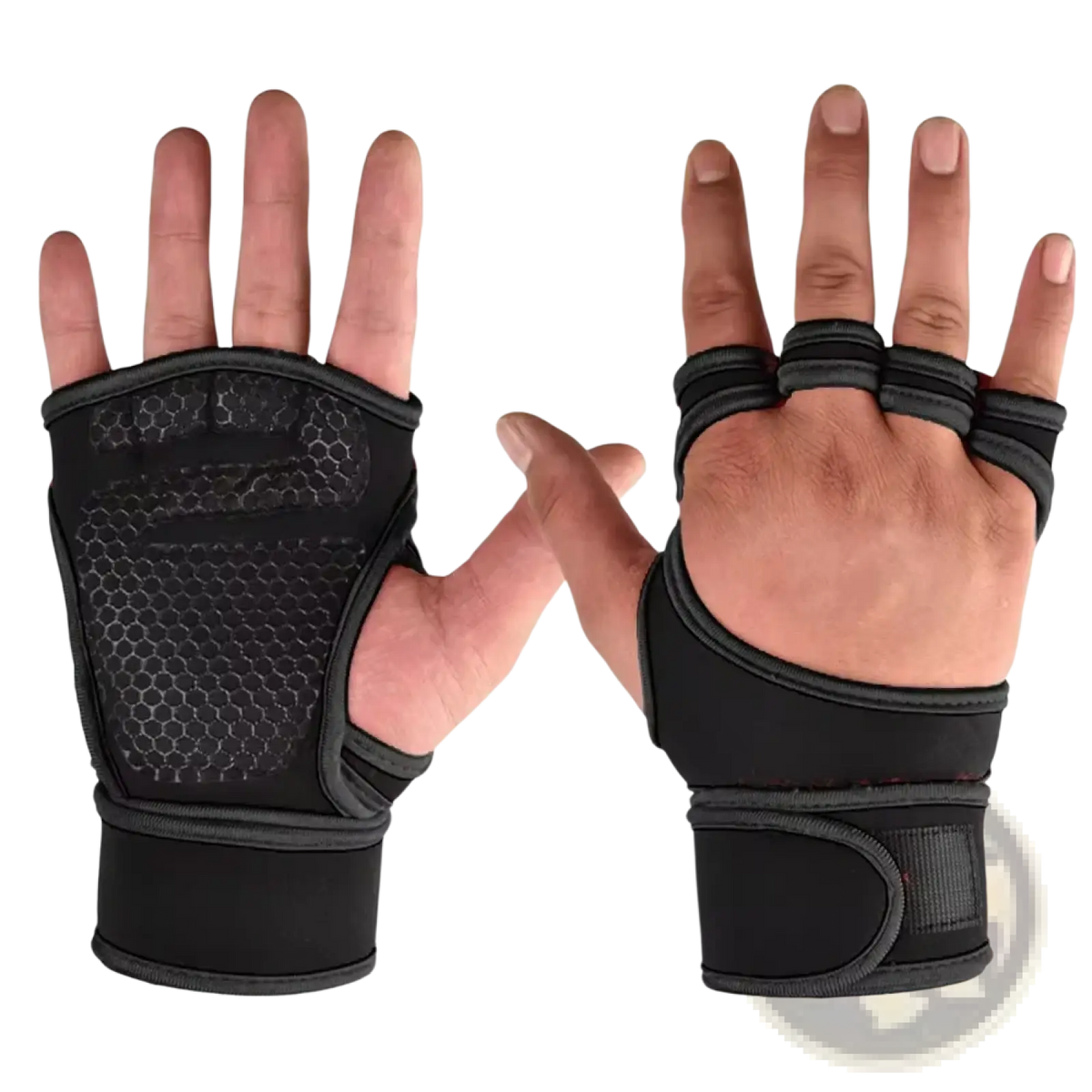 Black fingerless weight lifting gloves with breathable mesh palm and adjustable wrist strap for gym use