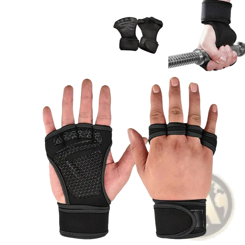 Black cycle zone weight lifting gloves with breathable palm protector, textured grip pads, and adjustable wrist straps