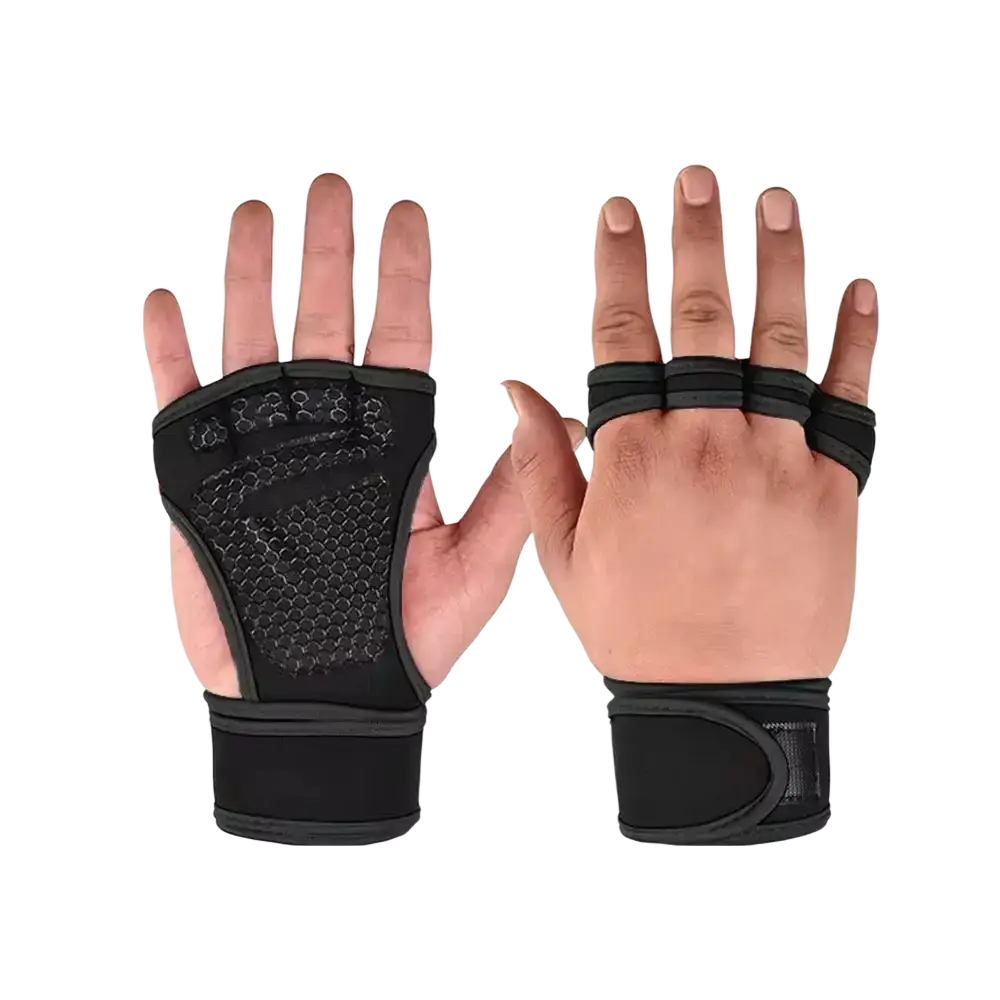 Black weight lifting gloves with textured grip pad and adjustable wrist strap for breathable gym palm protection