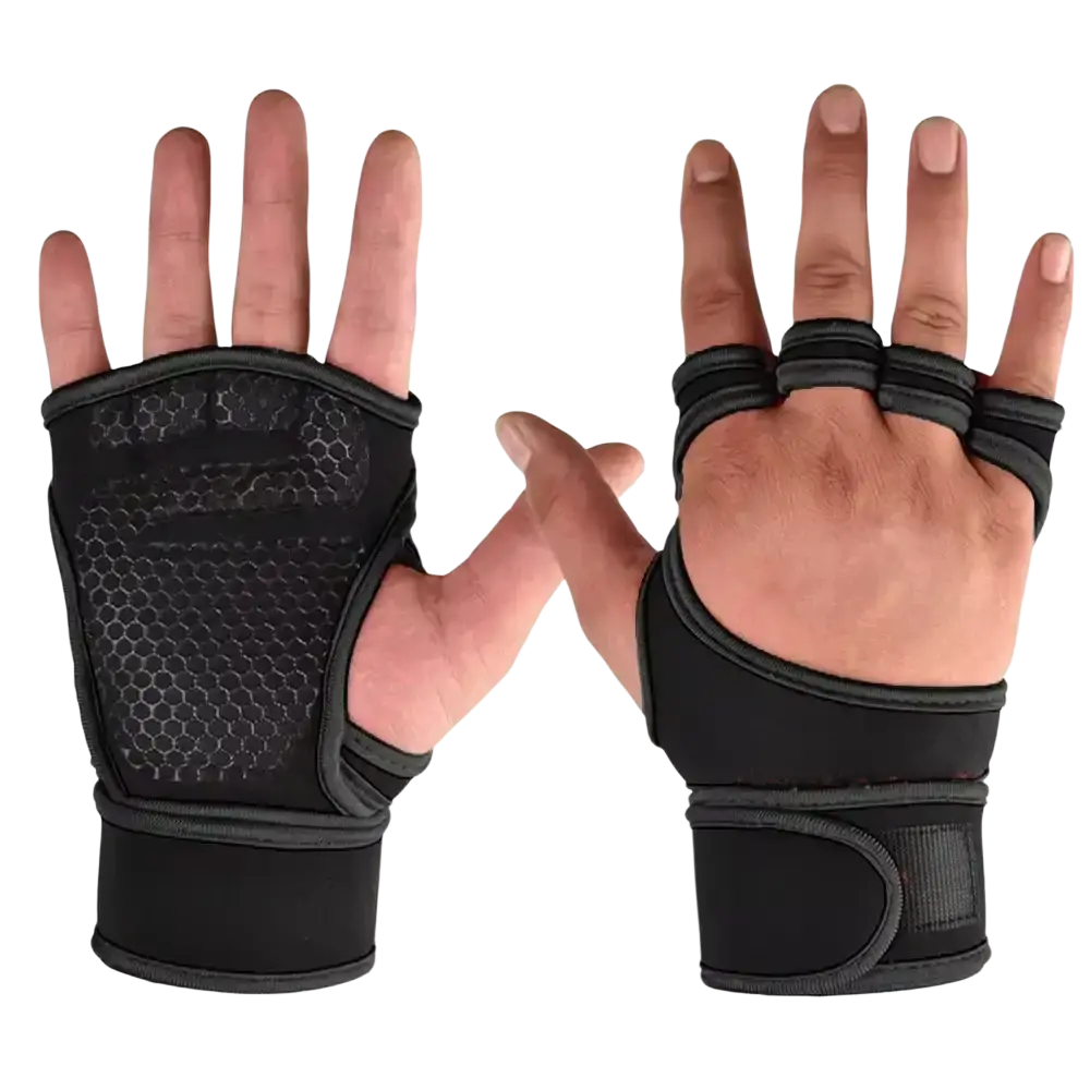 Black weight lifting gloves with breathable mesh palm and adjustable wrist strap for comfortable gym use