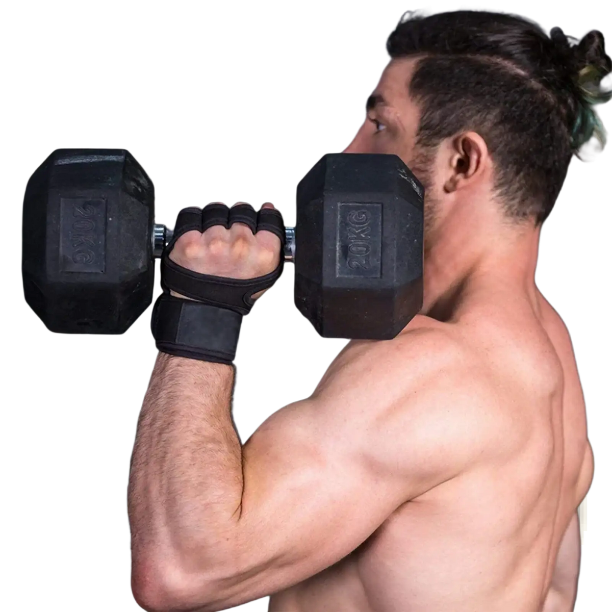 Black breathable weight lifting gloves with palm protector holding a 20kg black hexagonal dumbbell
