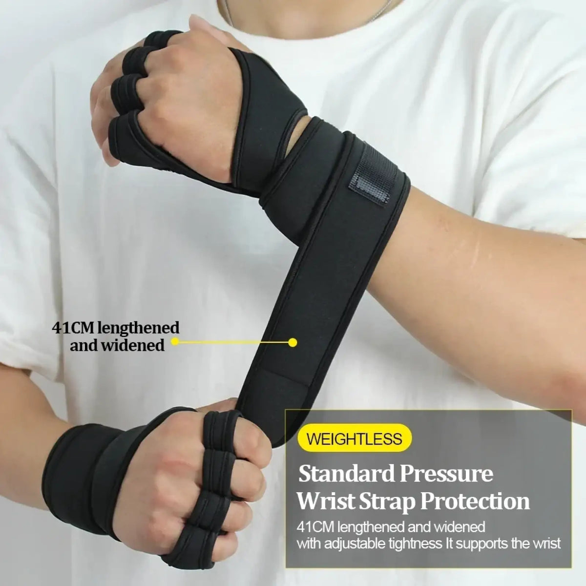 Black adjustable wrist strap with widened design for pressure protection in weight lifting gloves palm protector