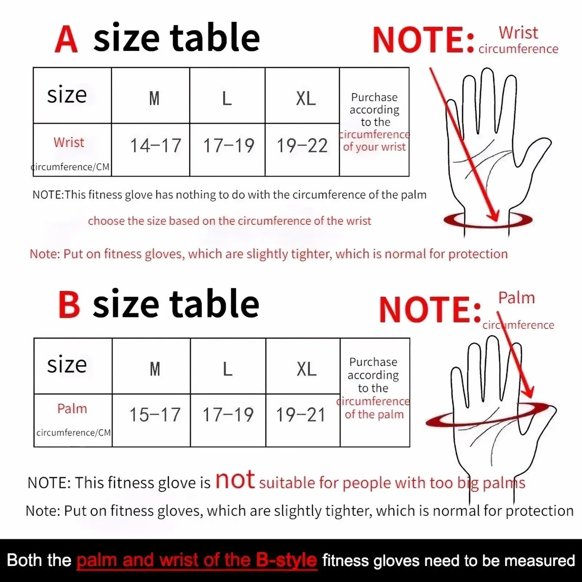 The image shows two size charts for breathable weight lifting gloves with wrist and palm measurements for gym use