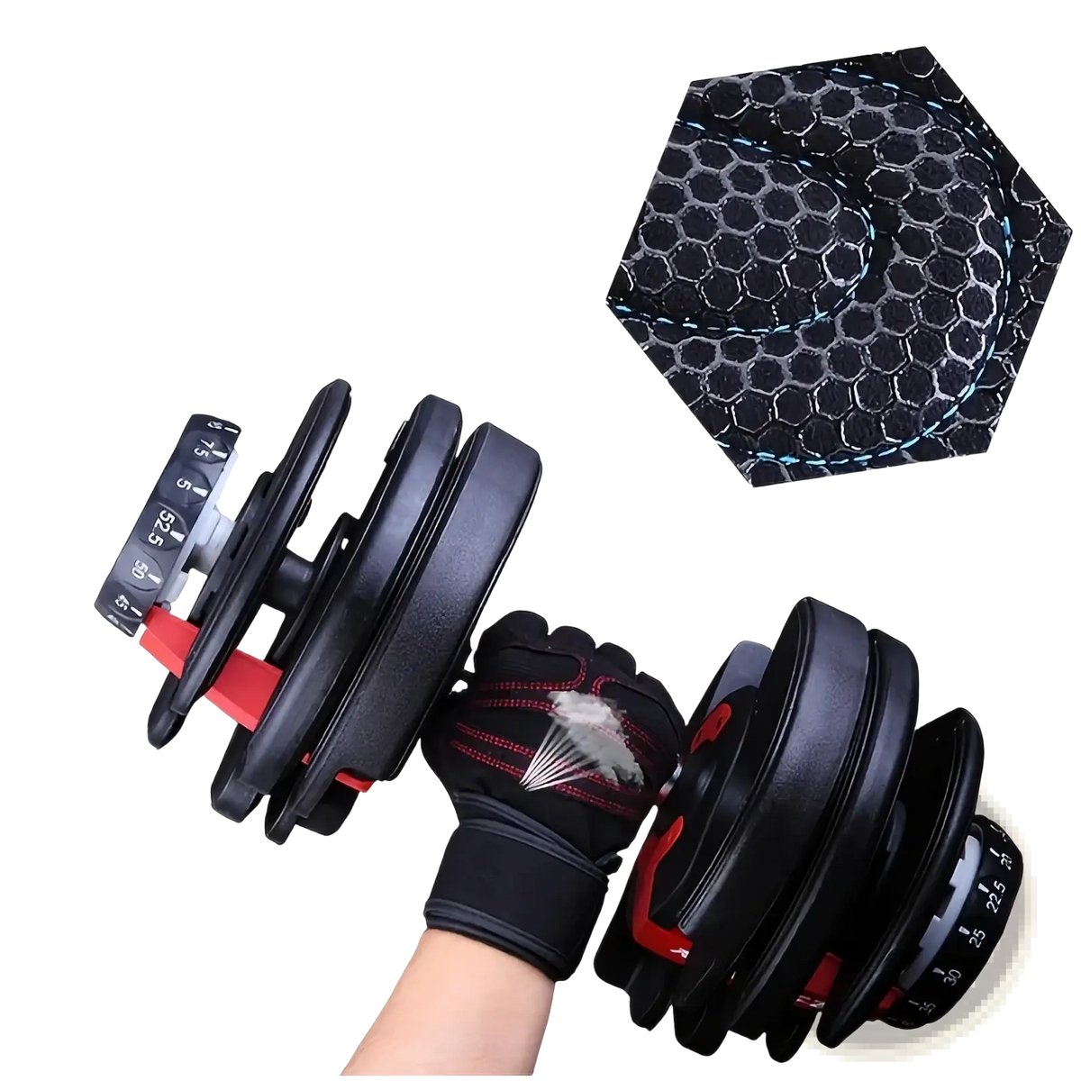 Weight lifting gloves for fitness and training paired with black adjustable dumbbell with red accents and honeycomb grip pad