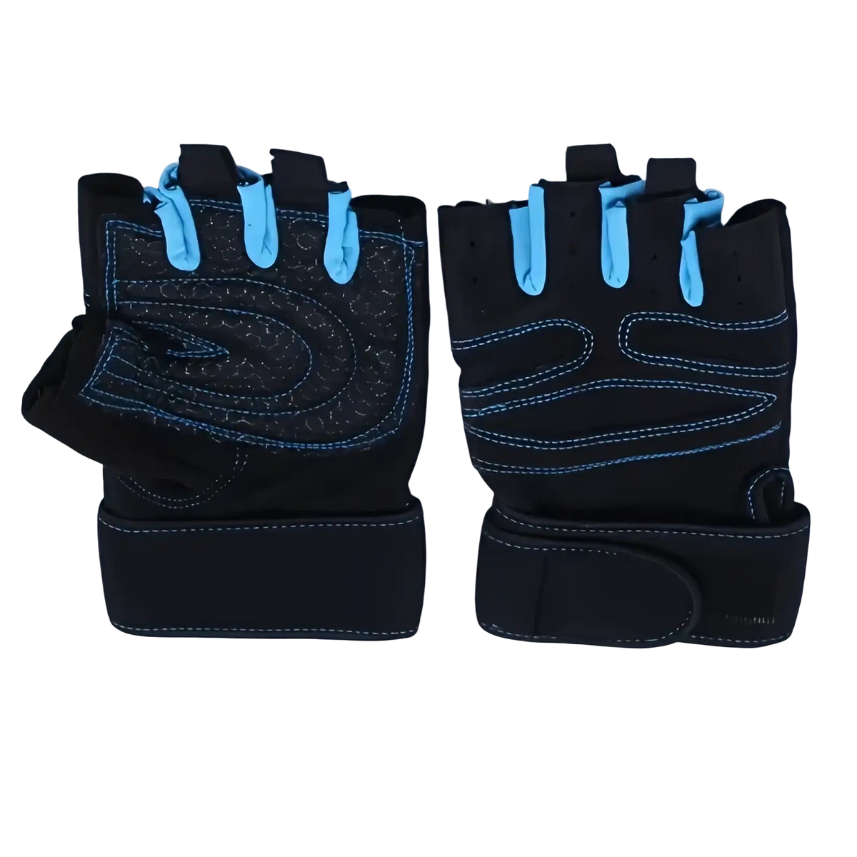 Weight lifting gloves for fitness with black and light blue fingerless design, reinforced palm padding, and adjustable wrist straps