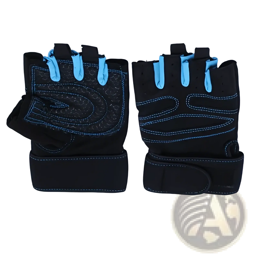 Weight lifting gloves for fitness and training in black and light blue with reinforced palm padding and adjustable wrist straps