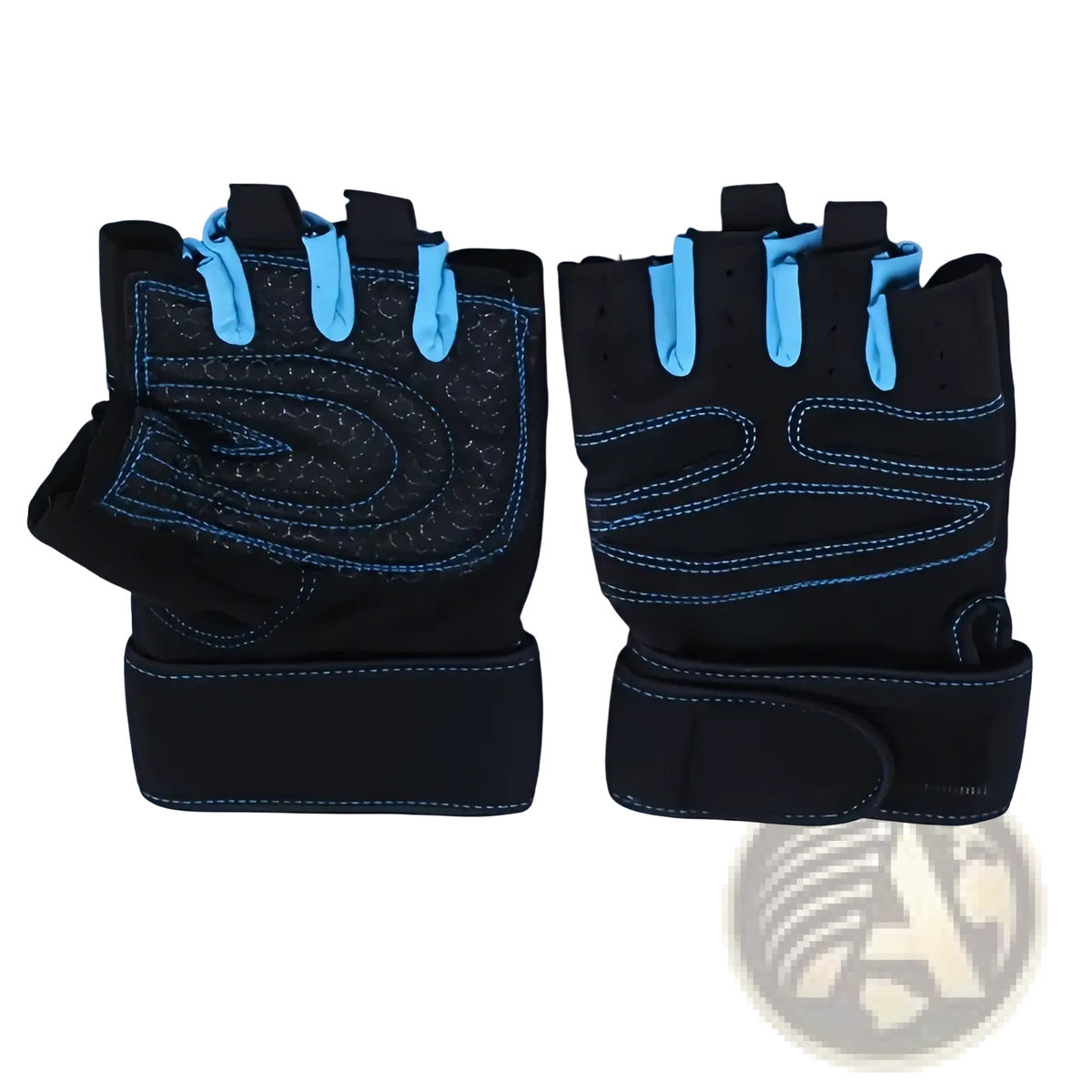 Weight lifting gloves for fitness and training in black and light blue with reinforced palm padding and adjustable wrist straps