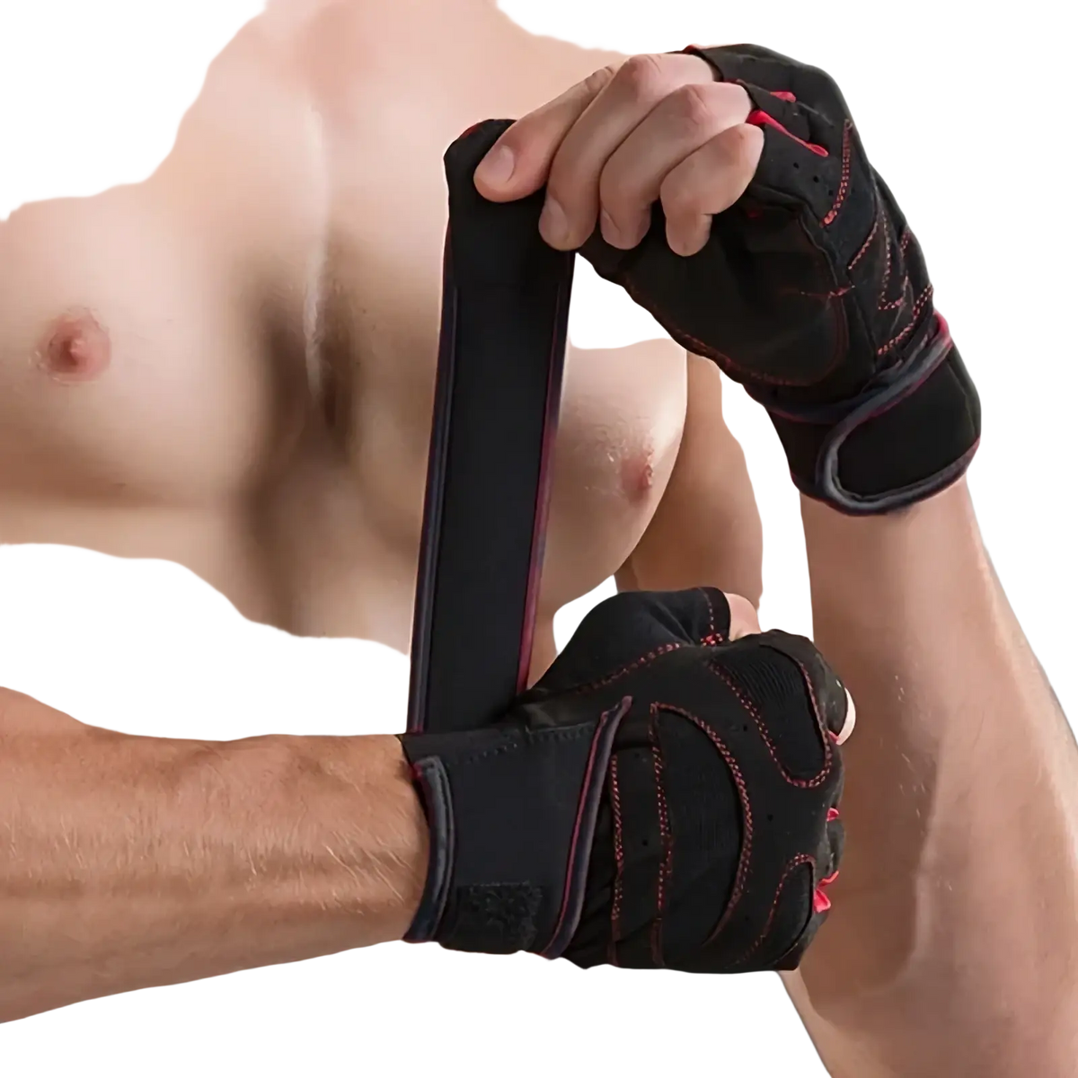 Weight lifting gloves for fitness and training in black and red with reinforced stitching and adjustable wrist straps shown from the back side